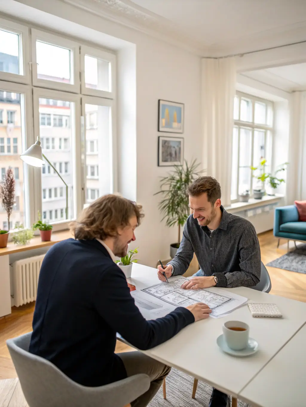 A photograph of Philipp Gedamke consulting with a client in a Hamburg estate, showcasing personalized service and attention to detail.