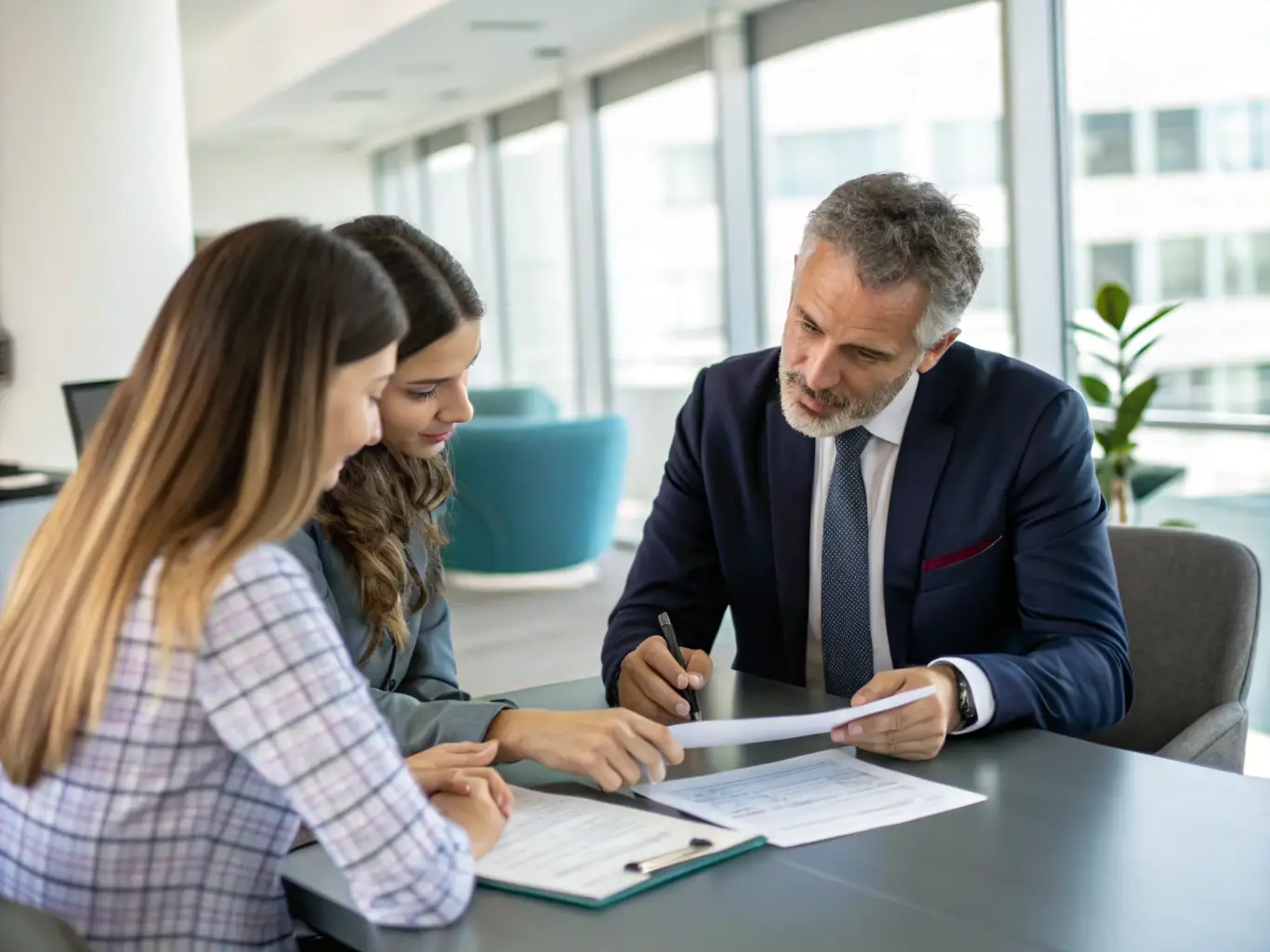 A professional consultant from ErbService is sitting at a table with a client, reviewing estate documents and discussing the client's needs in a well-lit office setting.